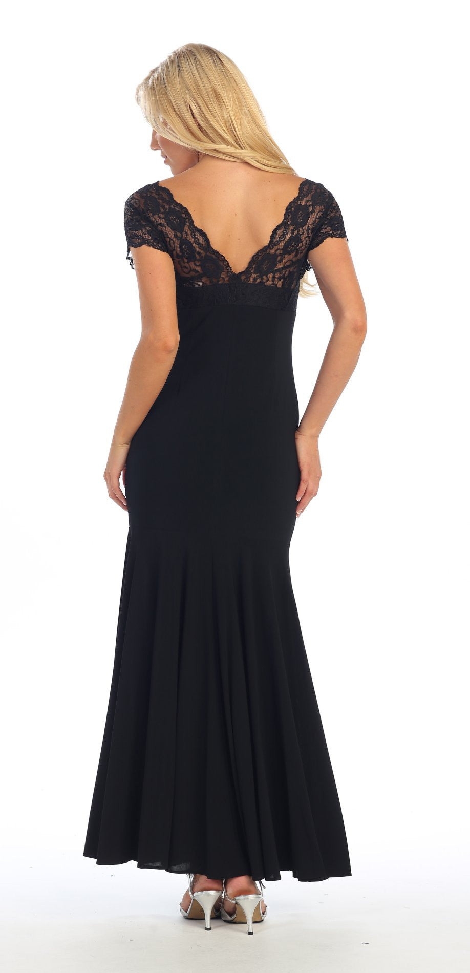 Black lace-back tea-length dress with cap sleeves and flared skirt