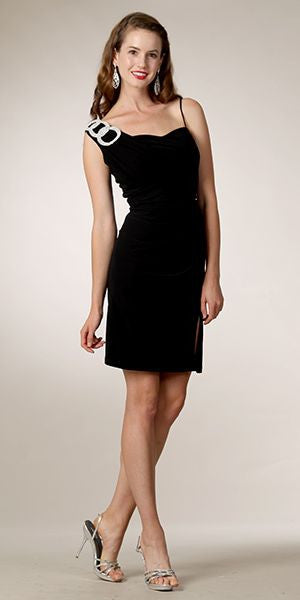 Black ruched one-shoulder cocktail dress with silver shoulder buckle detail