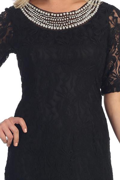 Short-sleeve lace dress with multi-row pearl beaded collar neckline close-up