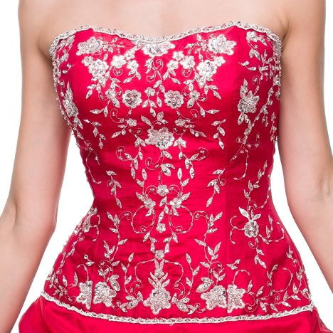 Fuchsia strapless embroidered bodice with floral beadwork for quinceanera dress