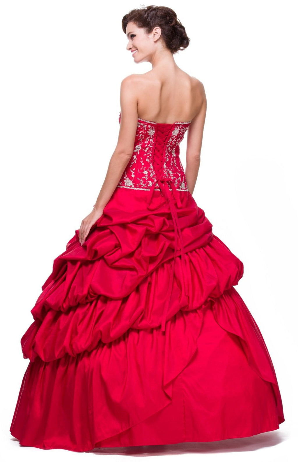 Fuchsia strapless quinceanera dress, embroidered back and tiered ruffle skirt