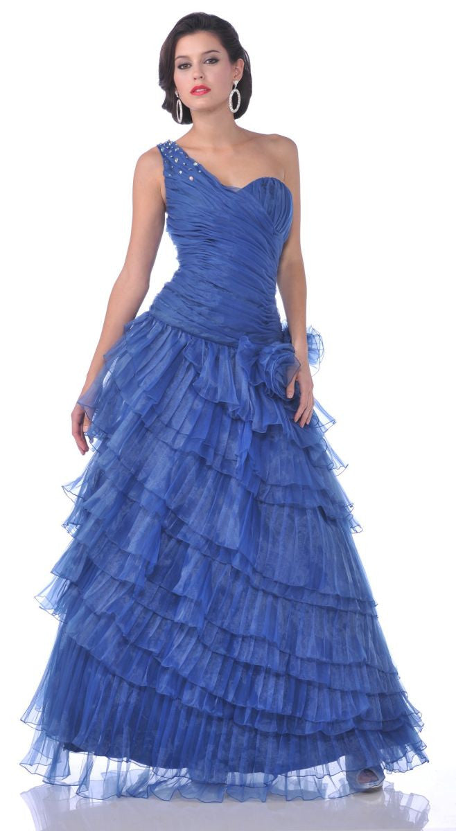 One-shoulder layered ruffle dress, blue satin with draped bodice and tiered skirt