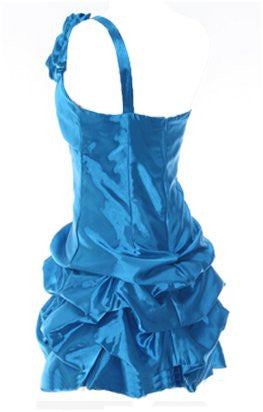 Blue one-shoulder cocktail dress with layered ruffle skirt and ruched bodice