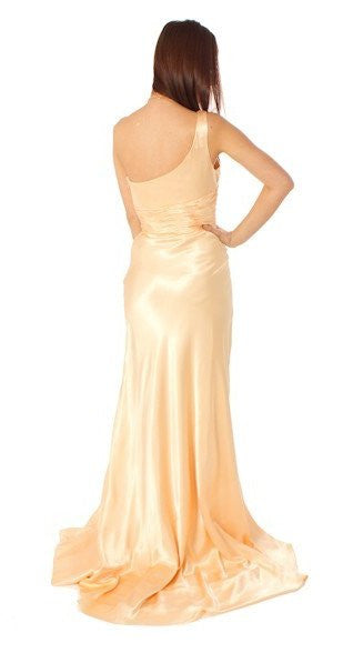 Gold long satin one-shoulder dress, open back with draped hem and layered train