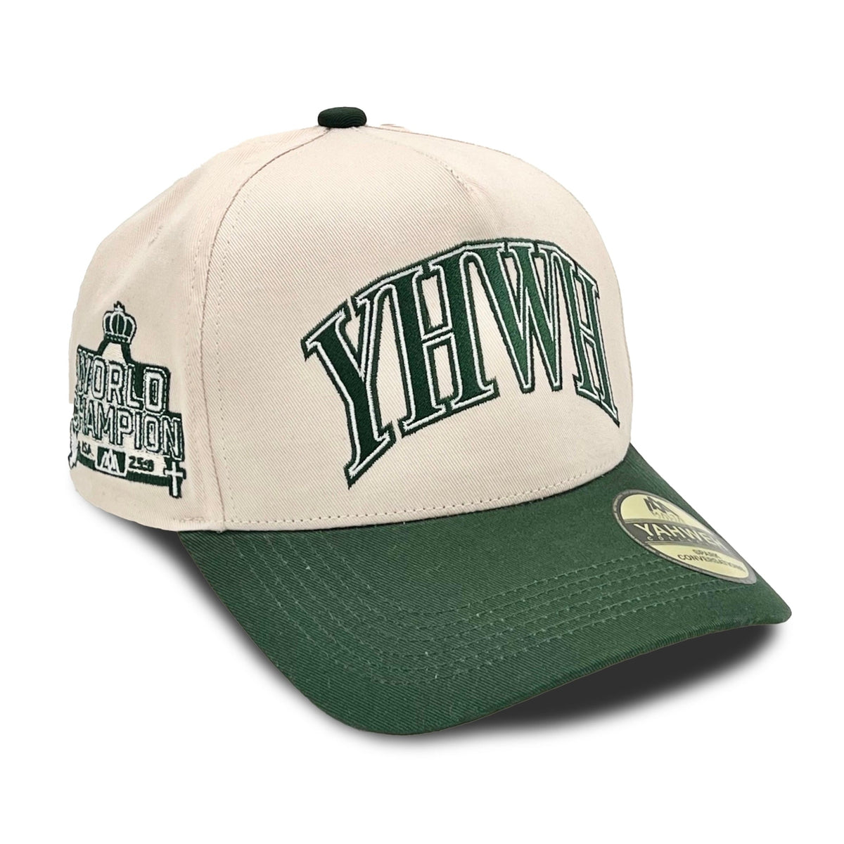 Cream and dark green structured snapback cap with YHWH front embroidery
