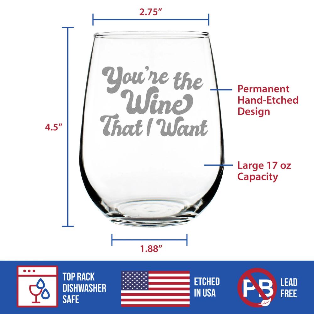 You’re the Wine I Want – Cute Funny Stemless Wine Glass, Large 17 Ounces, Etched Sayings, Gift Box