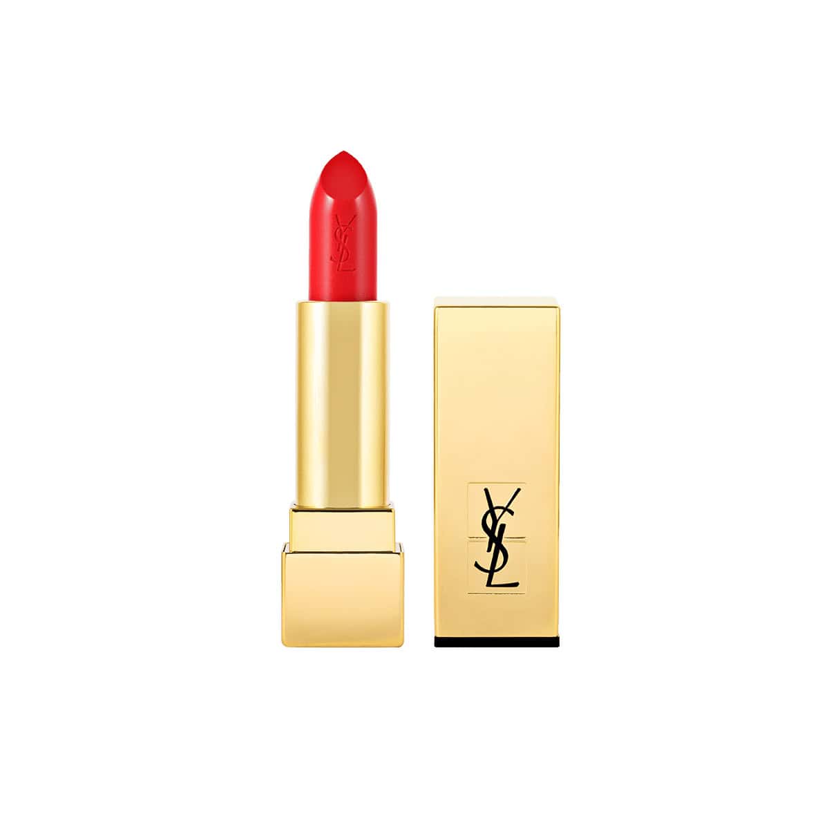 Lipstick tube with red-orange bullet and gold case, cap off showing YSL logo