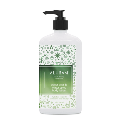 Aluram sweet pear & winter spice body lotion with pump dispenser, 18oz bottle
