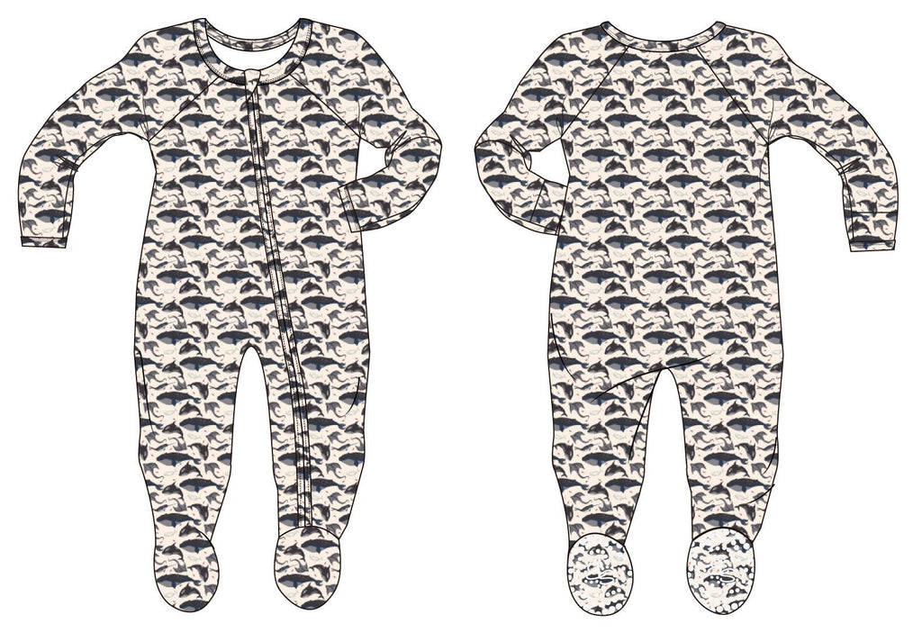 Footie pajamas with full-length zipper, ocean whale print, long sleeves and footed legs