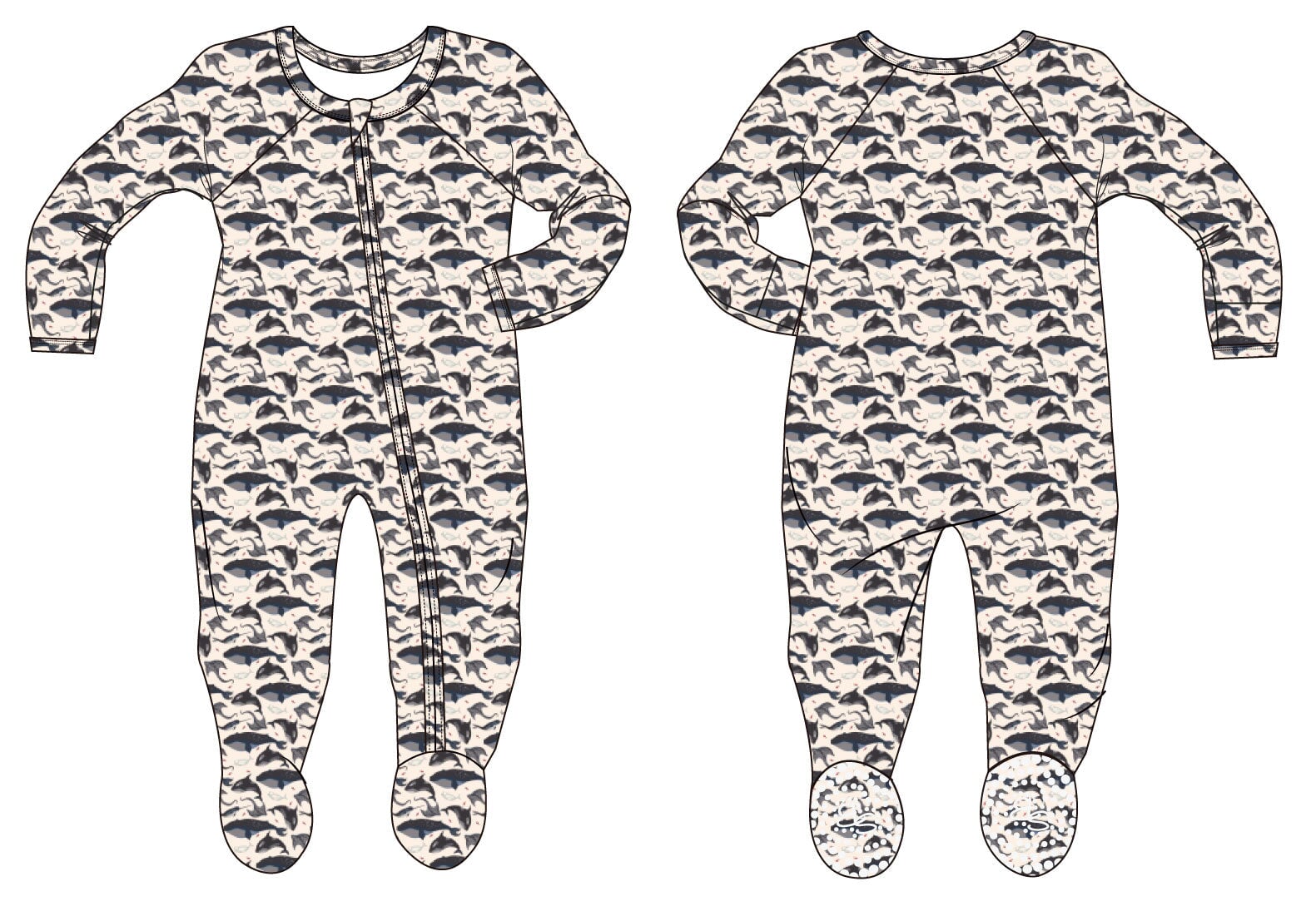Footie pajamas with full-length zipper, ocean whale print, long sleeves and footed legs