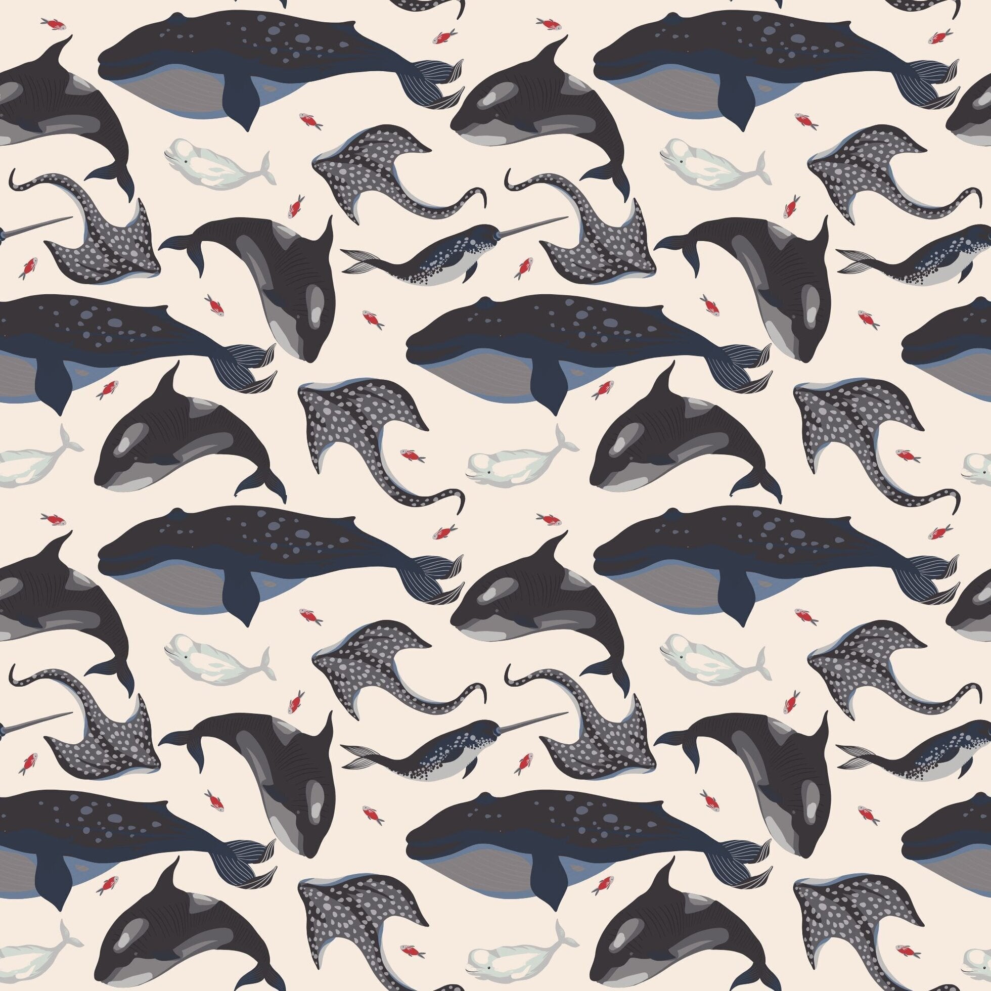 Ocean whale print footie fabric swatch with dark and light whales, navy and cream tones
