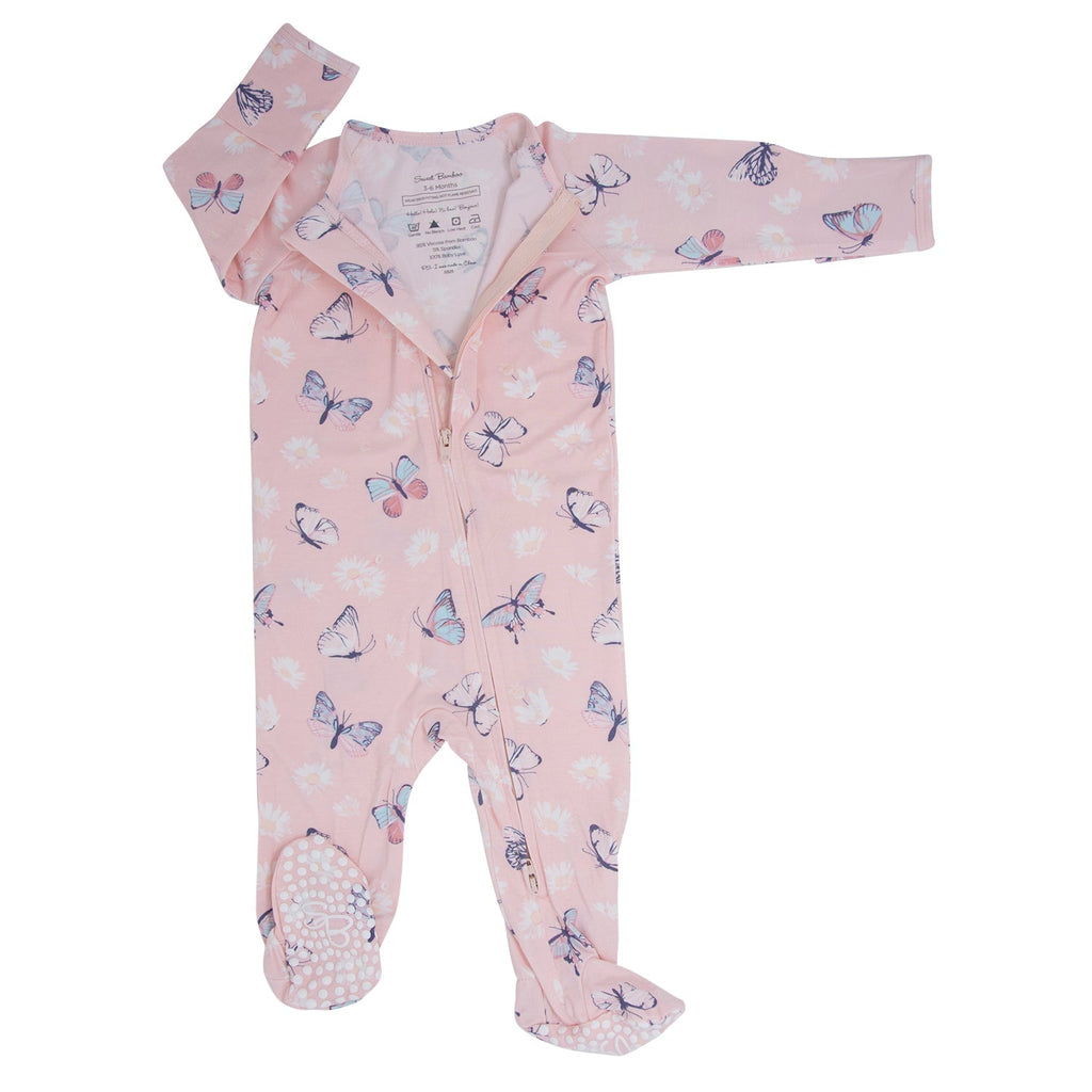 Pink bamboo zipper footie with butterfly and daisy print, footed romper with zipper