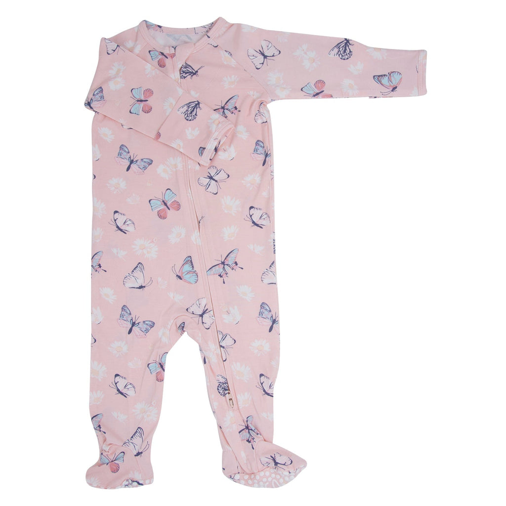 Pink bamboo zipper footie with butterfly and daisy print, long sleeves and feet