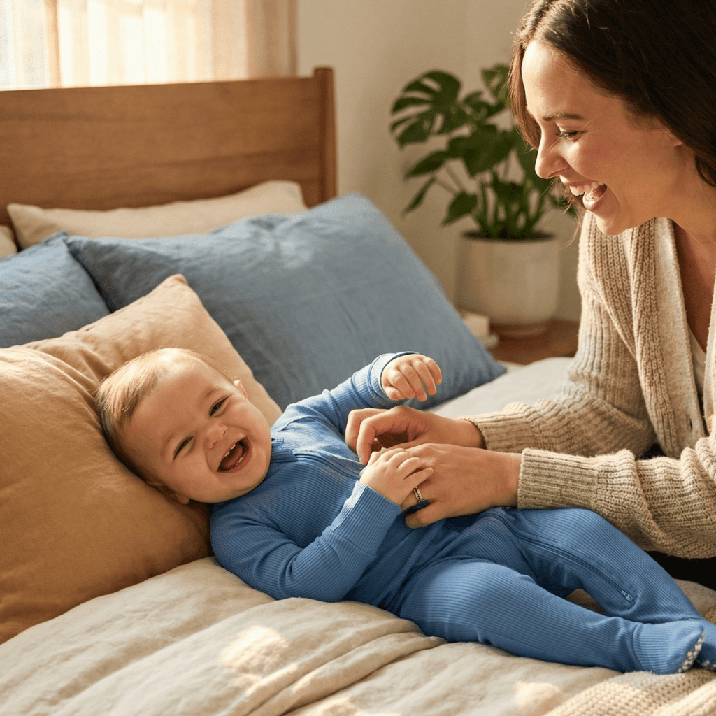 Blue zip-up footie pajama with long sleeves and front zipper