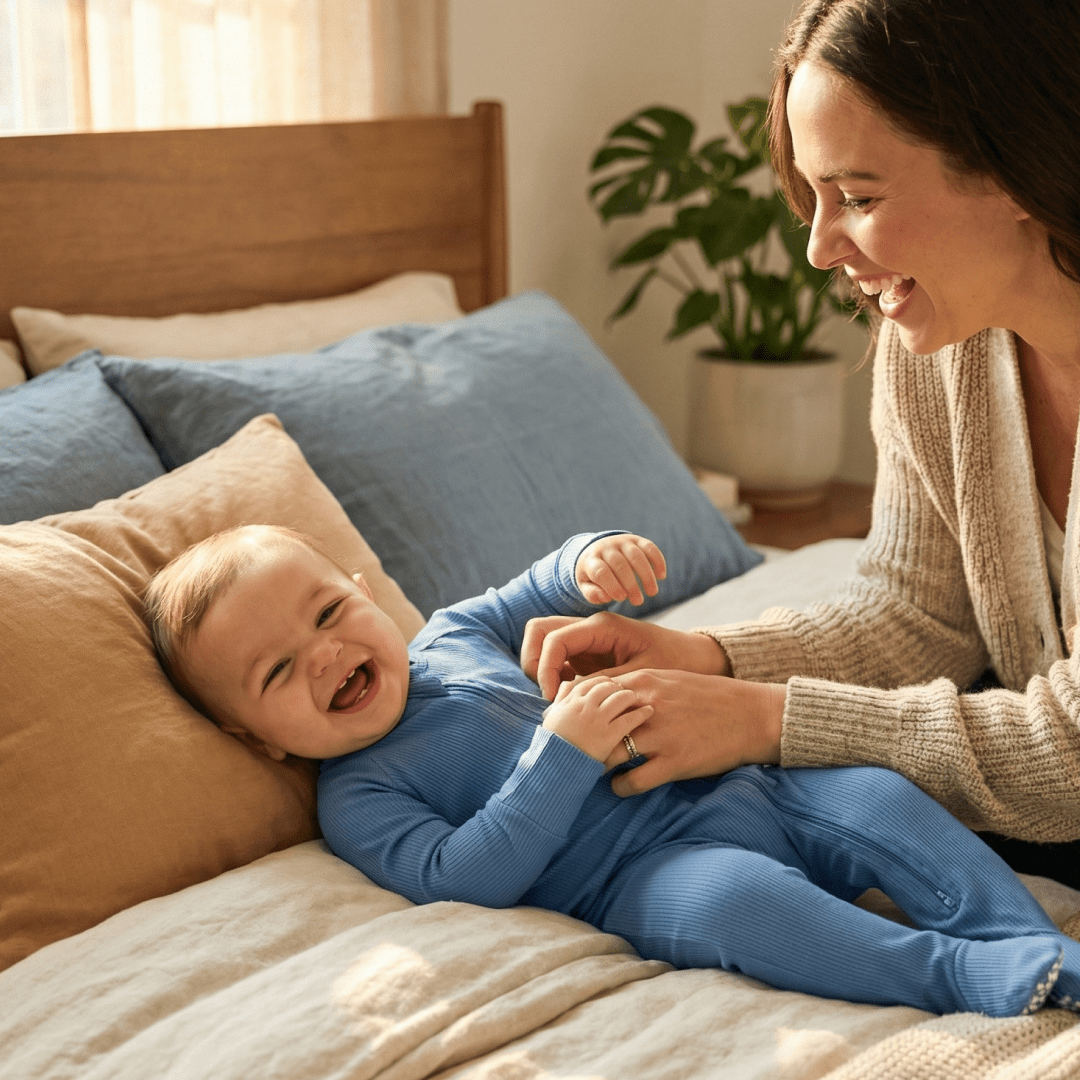 Blue zip-up footie pajama with long sleeves and front zipper