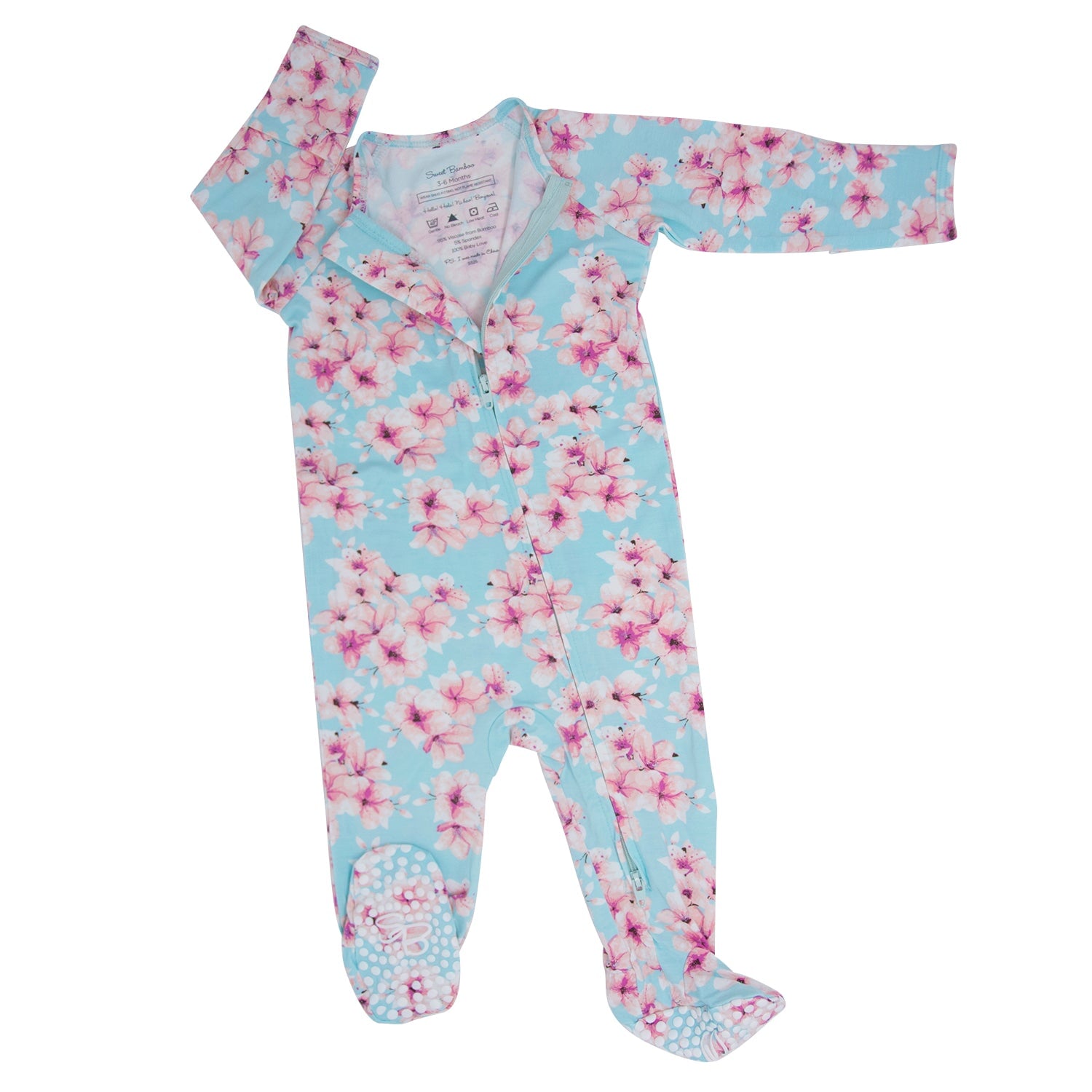 Girl's floral zipper footie in light blue with pink blossoms, long sleeves and zipper front