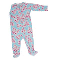 Girl's floral zipper footie in light blue with pink cherry blossom print, long sleeves