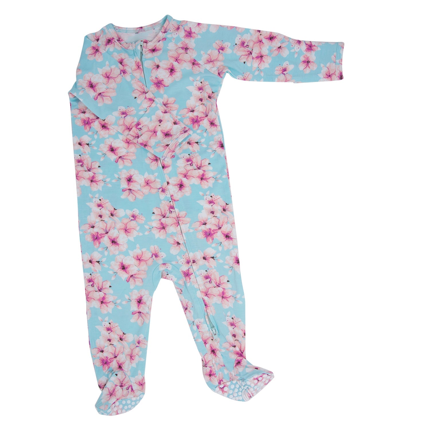 Girl's floral zipper footie in light blue with pink cherry blossom print, long sleeves