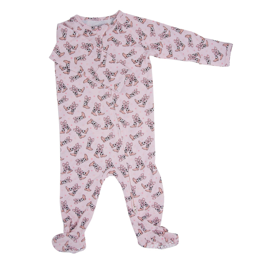 Girls pink long-sleeve footed pajama with allover bunny print
