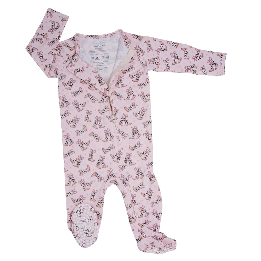 Girls pink footed pajama with long sleeves, front button placket, bunny pattern