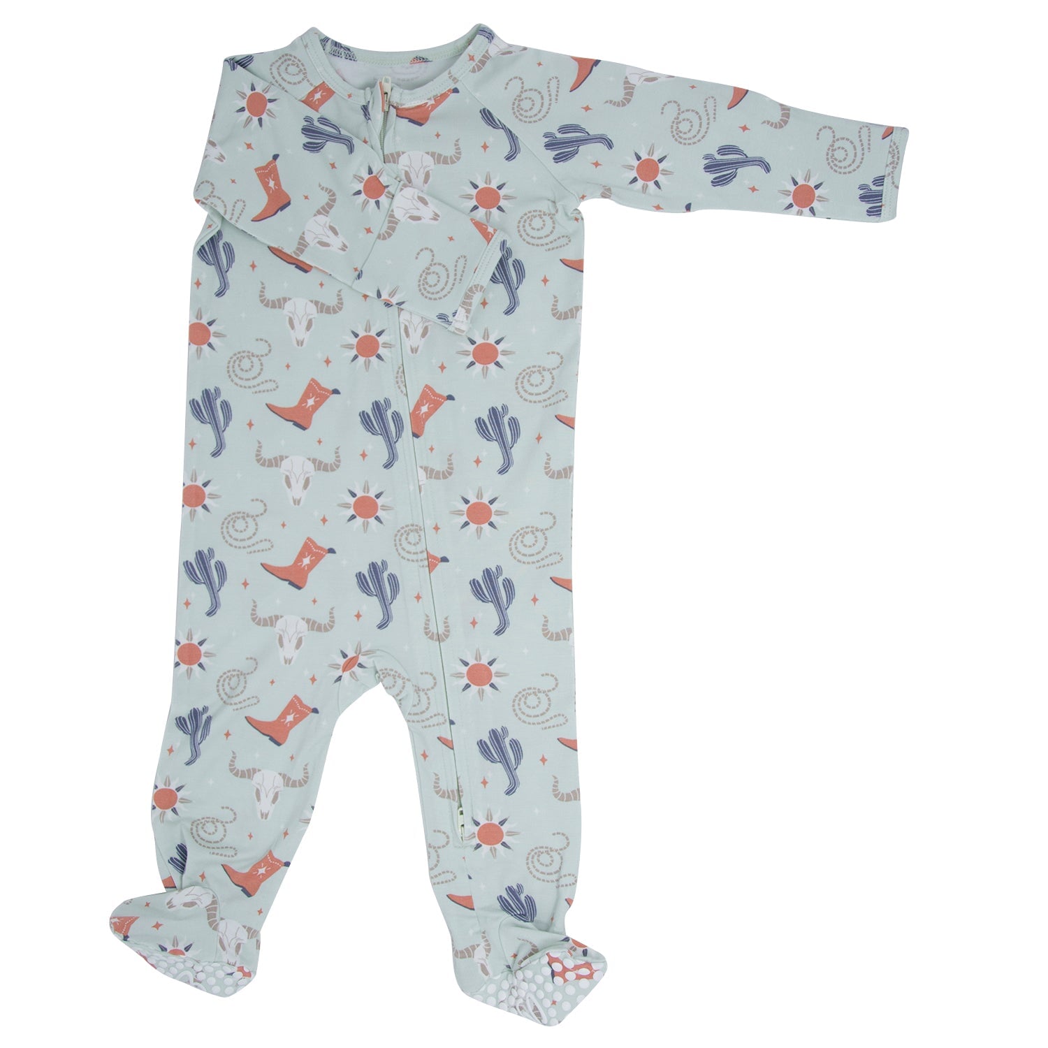 Light blue baby footie romper with cowboy boot, cactus and flower print