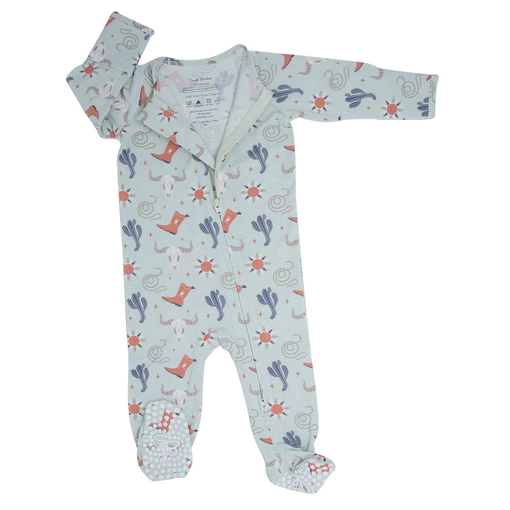 Light blue baby footie romper with cowboy boot, cactus and flower print, zip front
