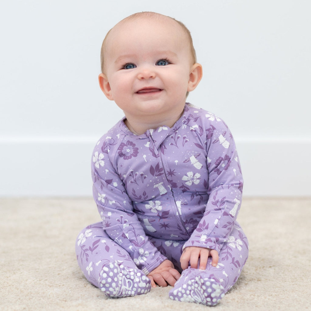 Girl's mushroom floral zipper footie in lavender with white print, front zipper, footed