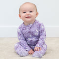 Girl's mushroom floral zipper footie in lavender with white print, front zipper, footed