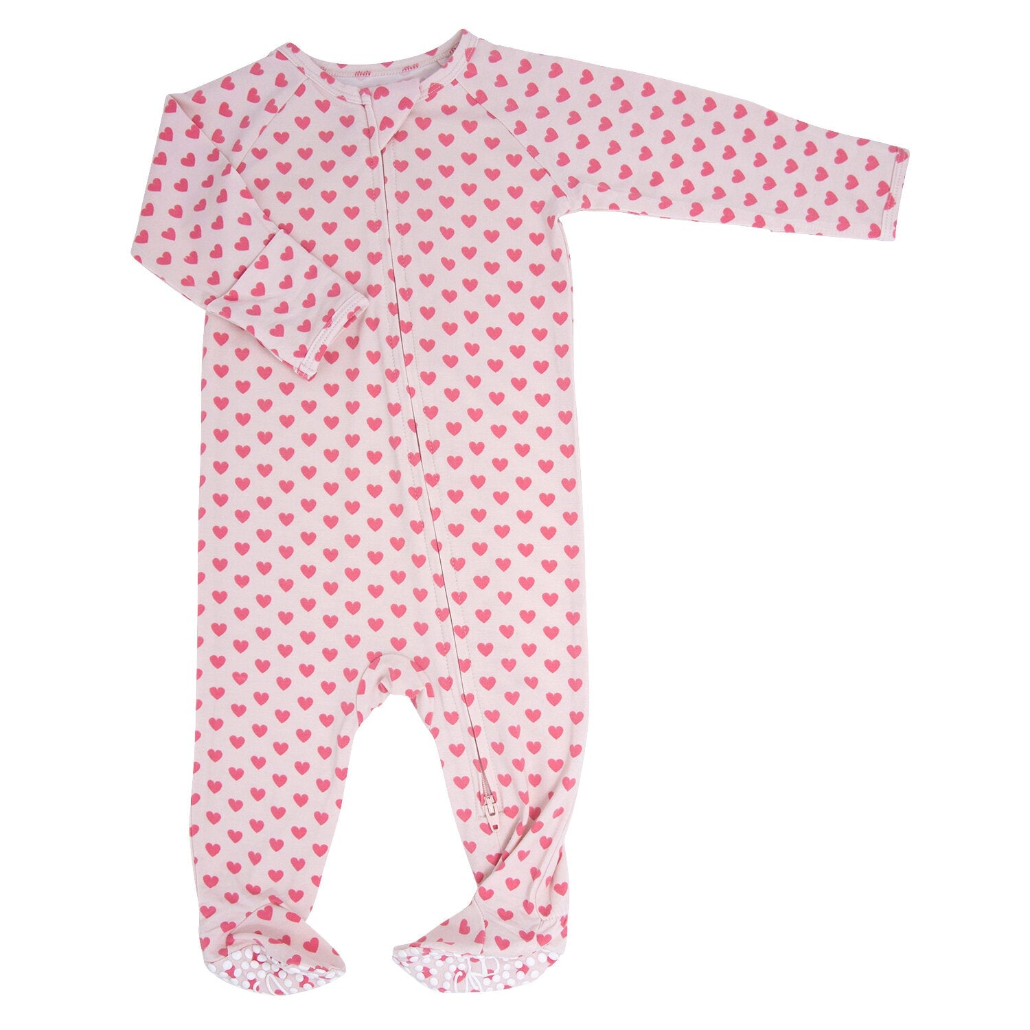 Pink heart-print zip-front footie for girls, long sleeve