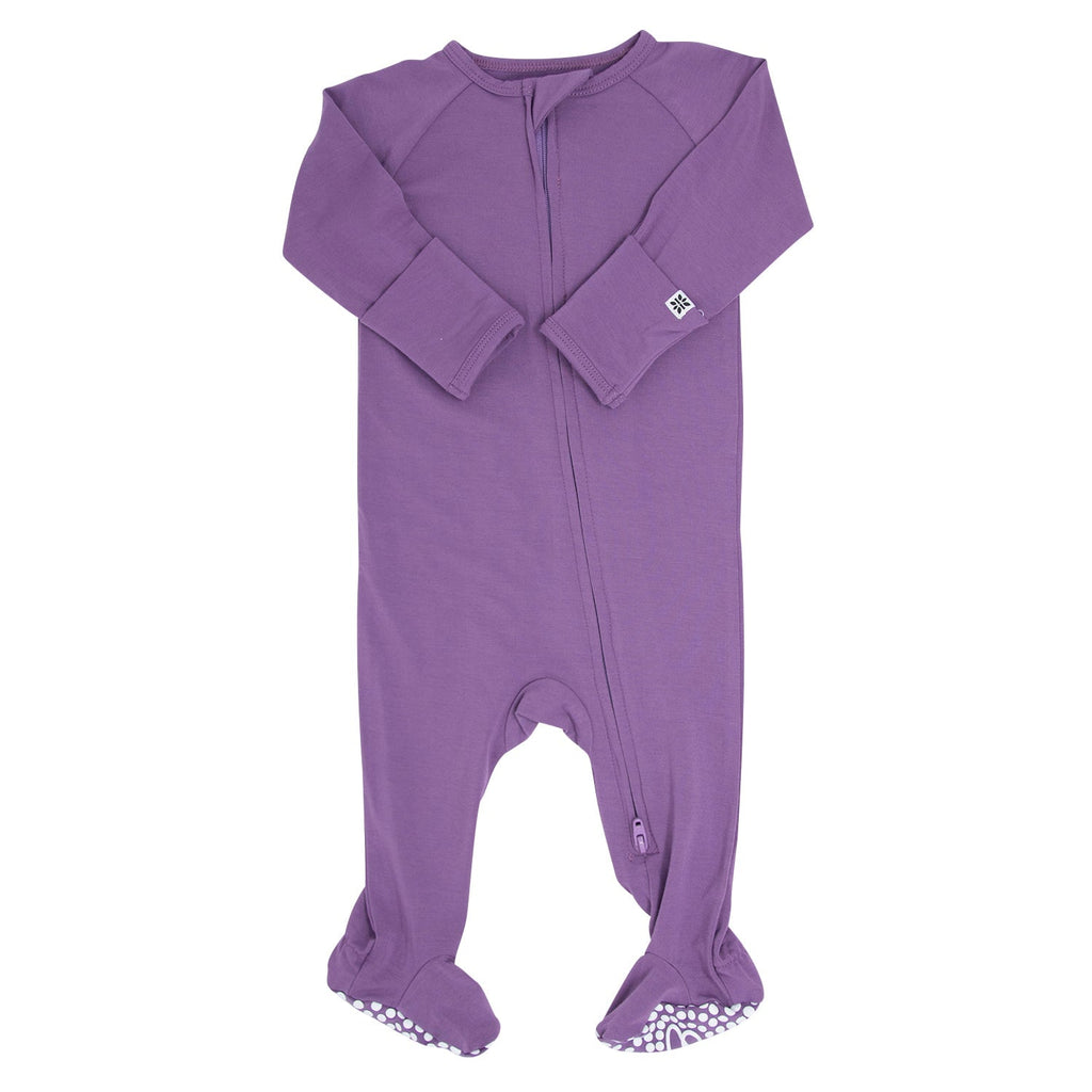 Purple baby zipper footie with long sleeves, full feet, and patterned ankle cuffs
