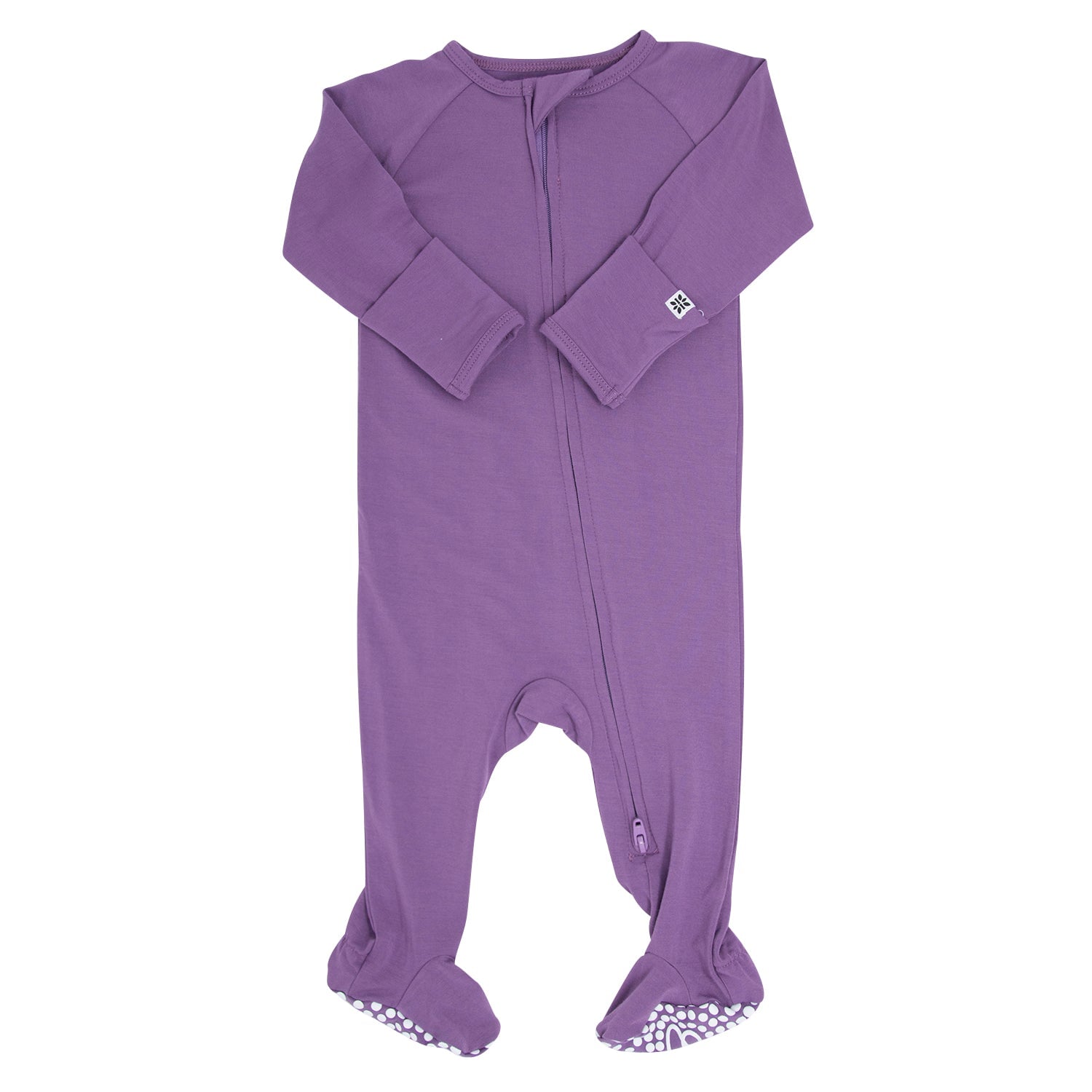Purple baby zipper footie with long sleeves, full feet, and patterned ankle cuffs