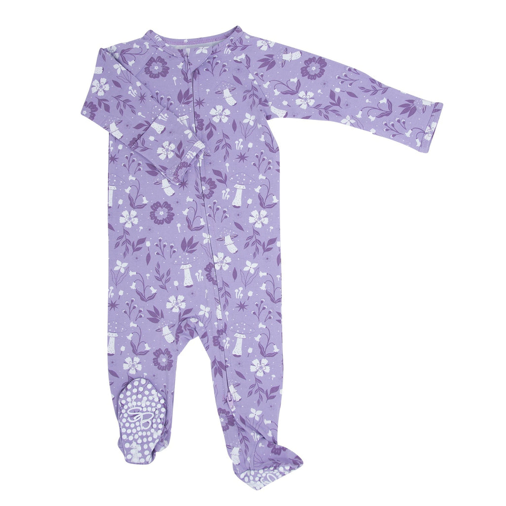 Lavender floral mushroom zipper footie, long sleeves, footed, allover white pattern