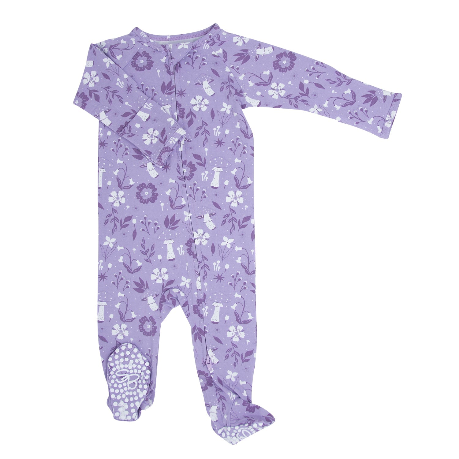 Lavender floral mushroom zipper footie, long sleeves, footed, allover white pattern