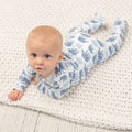 Infant light-blue elephant print zipper footie, long sleeves and footed legs