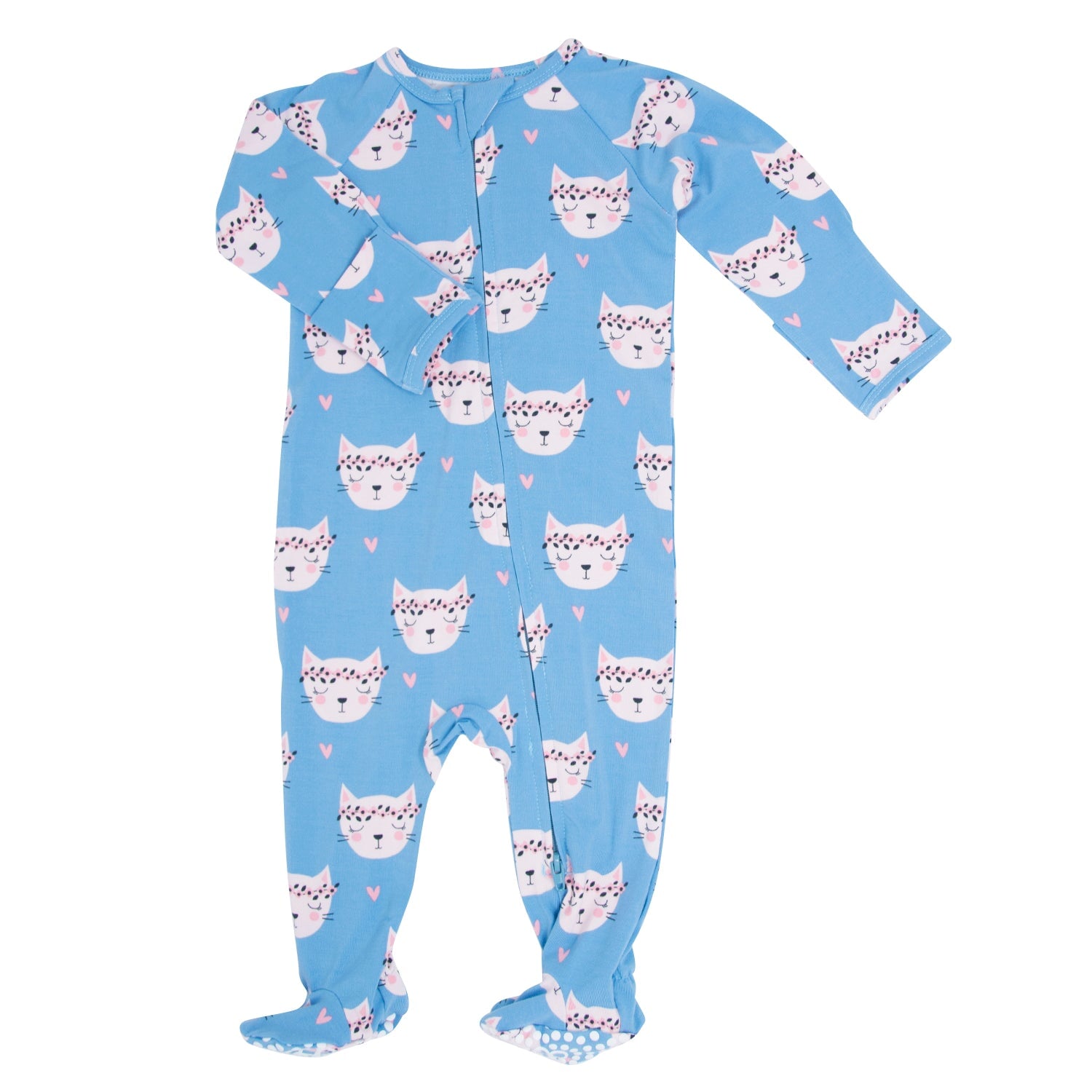 Light blue cat-face zip-front footie with long sleeves and ankle cuffs