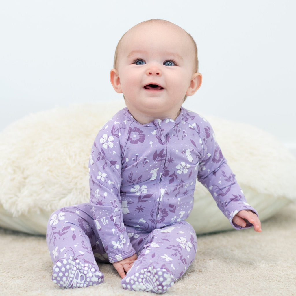 Girl's lavender mushroom floral zipper footie, white allover pattern, front zipper, long legs