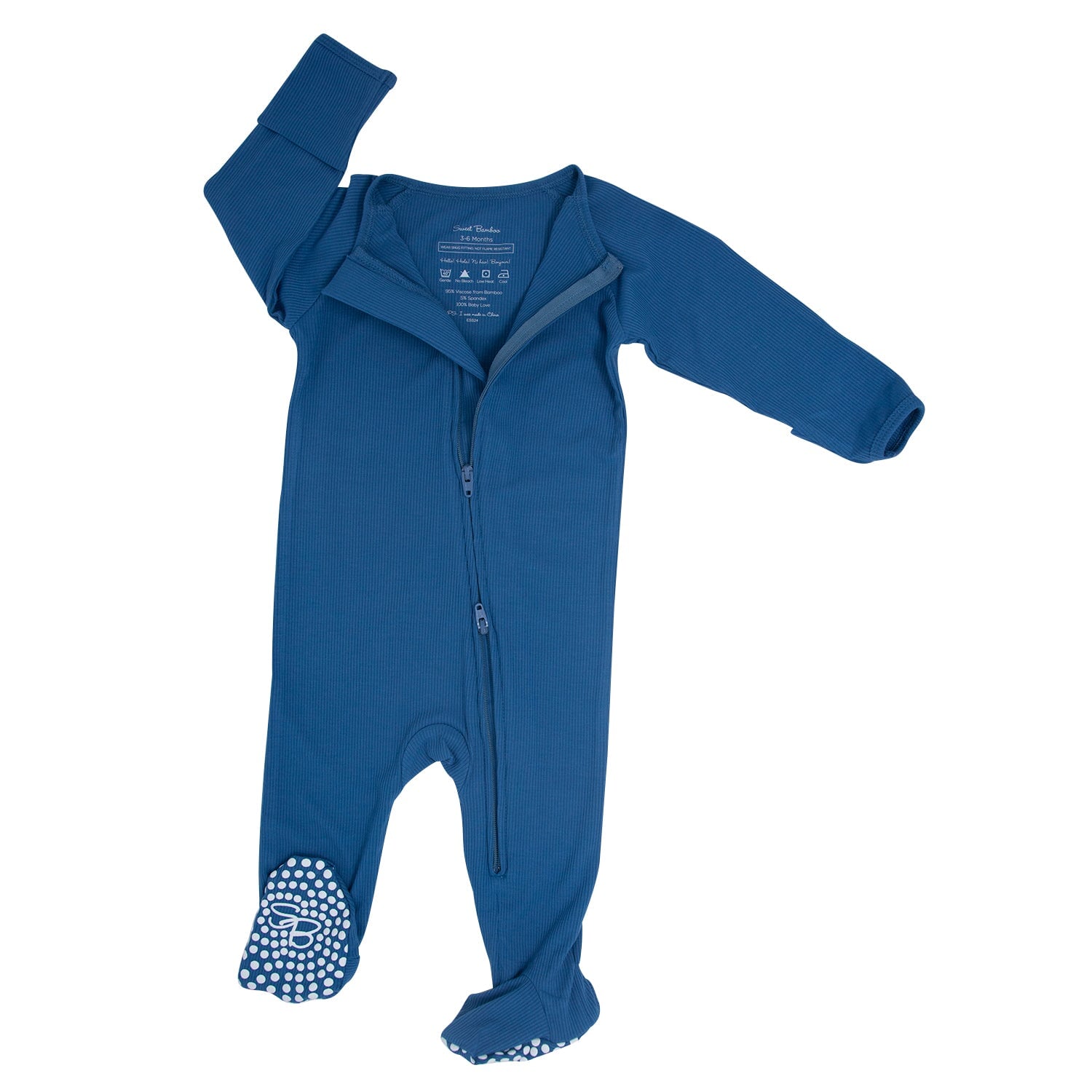 Blue zip-up footie pajama with front zipper and non-slip dotted feet