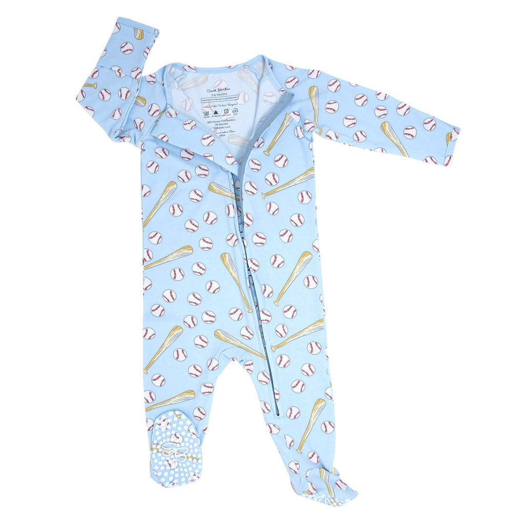 Light blue baseball-print zip footie with long sleeves and built-in feet