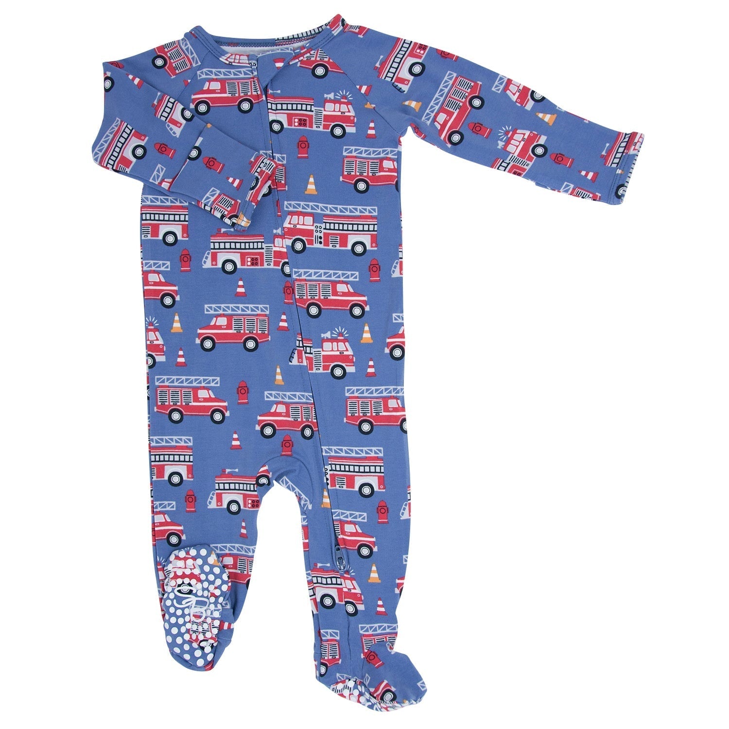 Blue fire truck printed zipper footie, long sleeve one-piece with footed legs