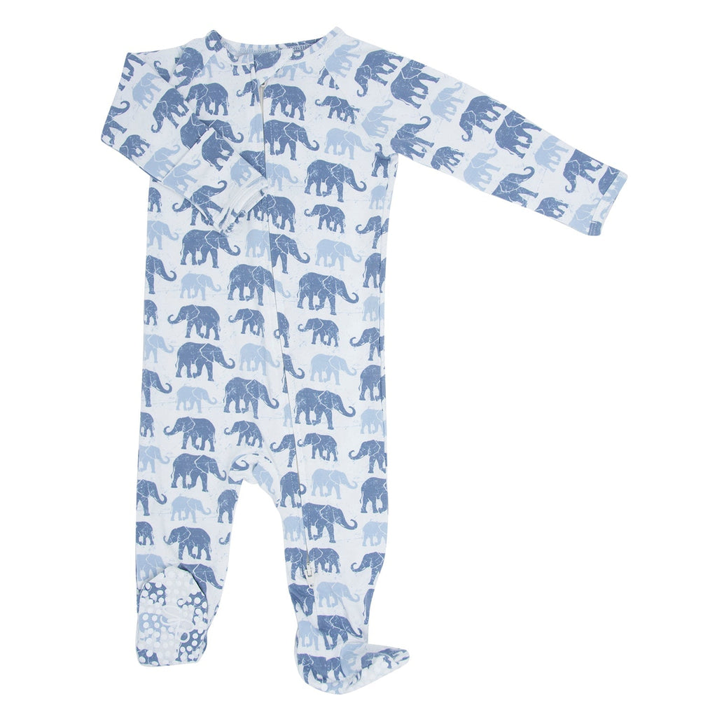 Infant light-blue elephant print zipper footie with long sleeves and footed legs