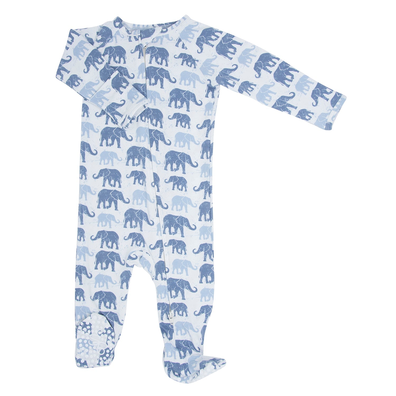 Infant light-blue elephant print zipper footie with long sleeves and footed legs