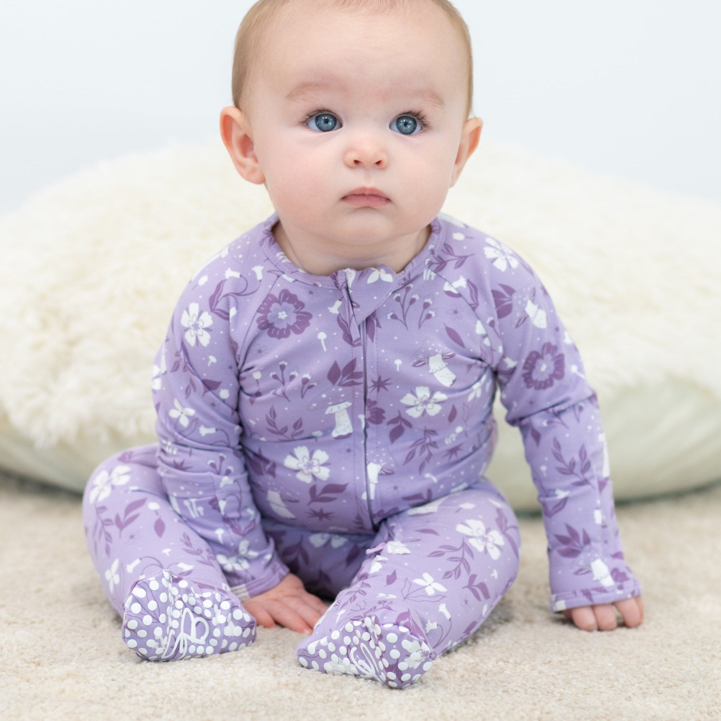 Girl's lavender mushroom floral zipper footie with white print, front zip, footed cuffs