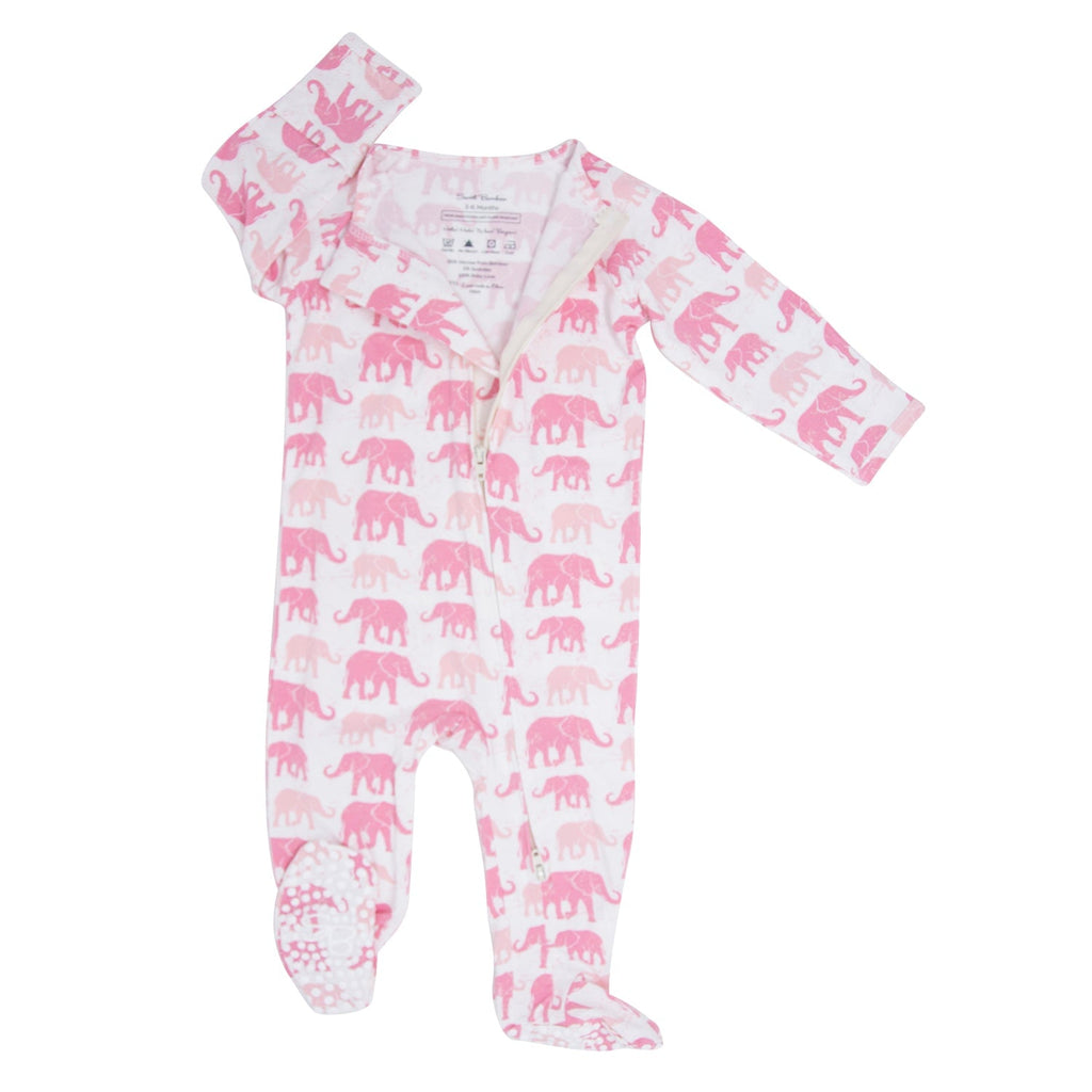 Pink elephant-print footie with long sleeves and front zipper, footed cuffs