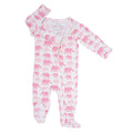 Pink elephant-print footie with long sleeves and front zipper, footed cuffs
