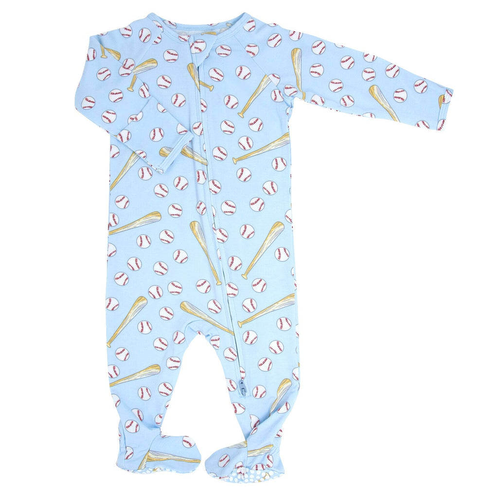 Light blue baseball-print zip footie with long sleeves and cuffed ankle openings