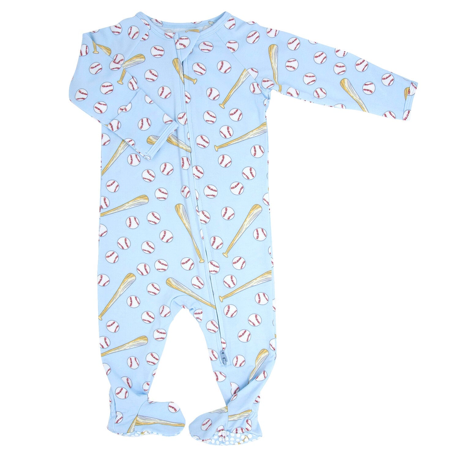 Light blue baseball-print zip footie with long sleeves and cuffed ankle openings