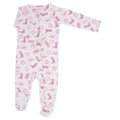 Pink long-sleeve footed romper with allover western boot pattern