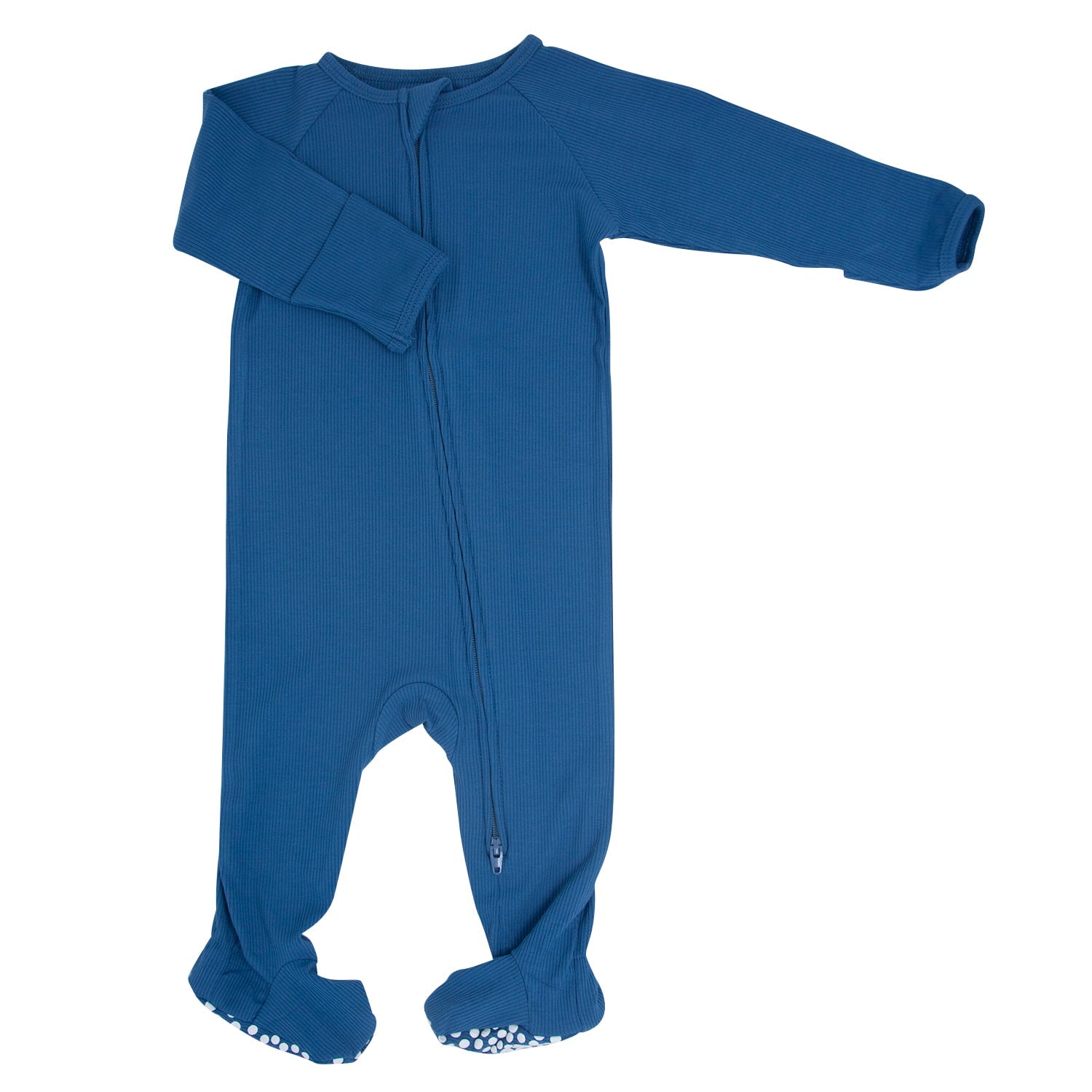Blue zip-up footie pajama, full front view with long sleeves and zipper