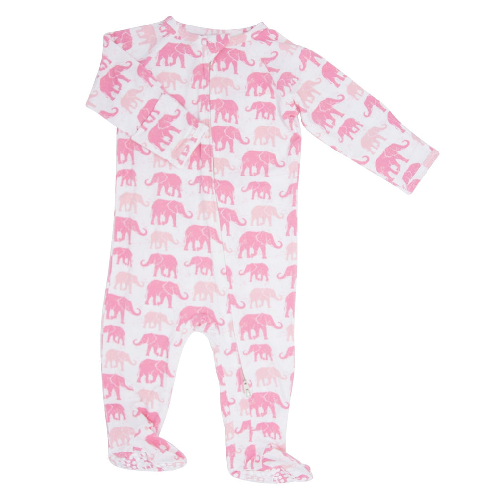 Pink elephant-print footie, long sleeves and front zipper, footed legs