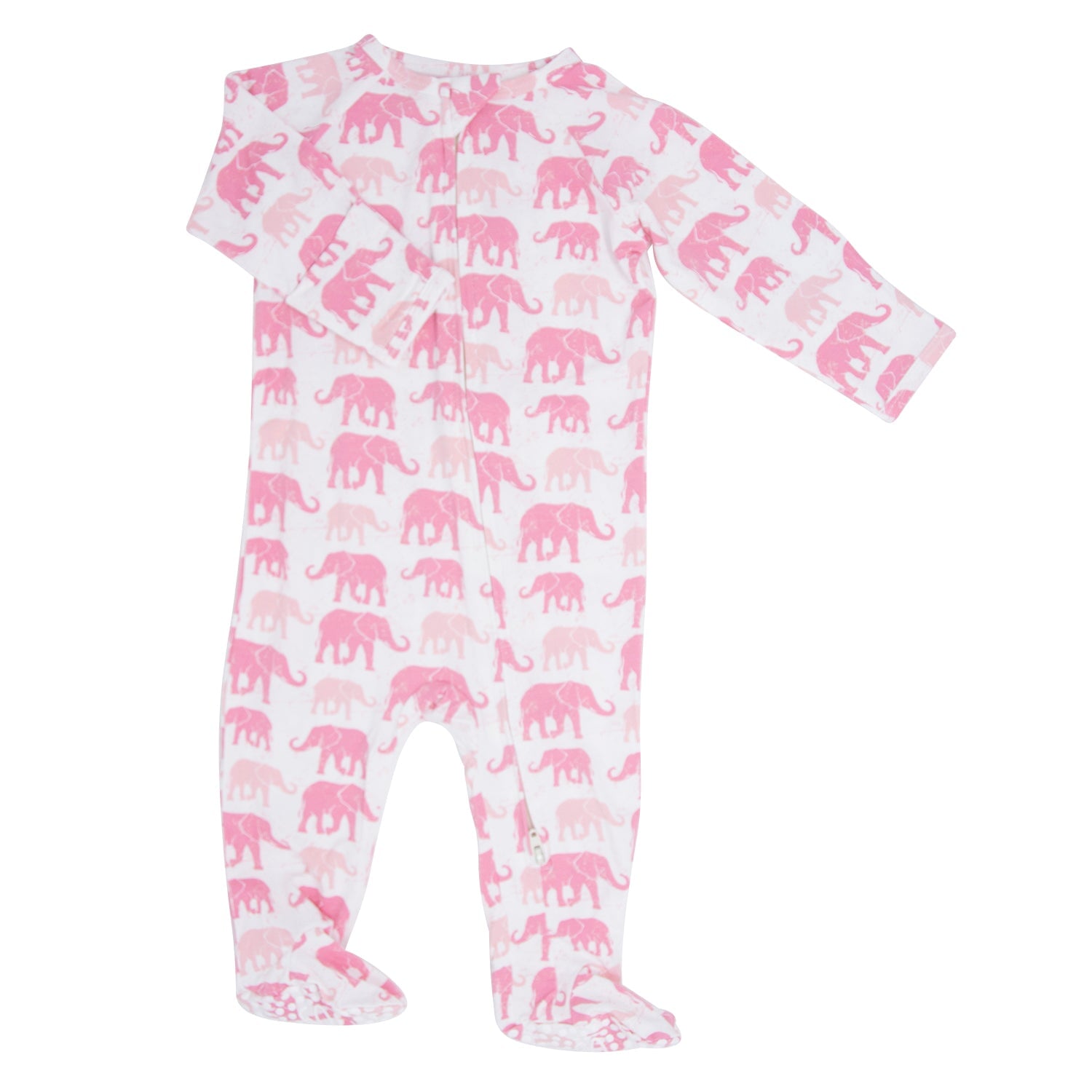 Pink elephant-print footie, long sleeves and front zipper, footed legs